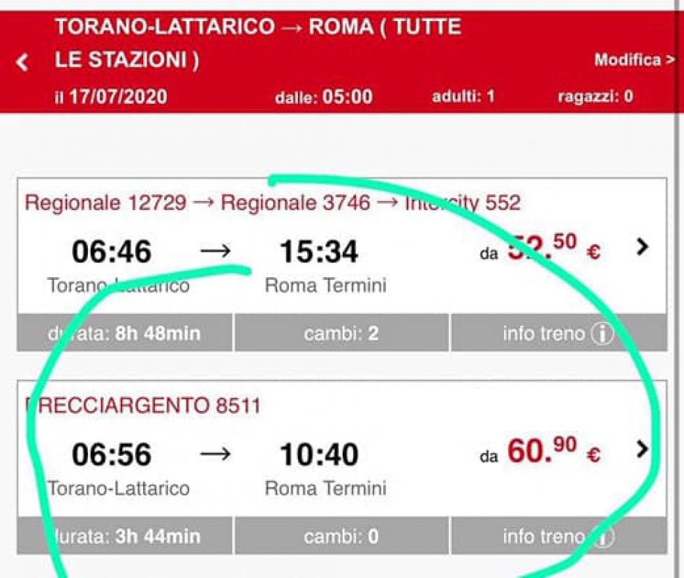 Frecciargento, ecco i biglietti per fermata Torano-Lattarico sul sito di Trenitalia