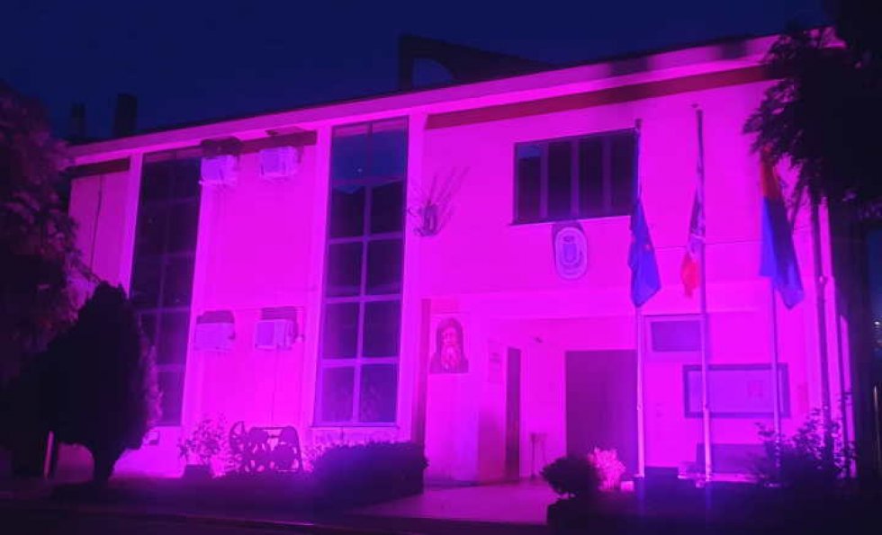 Il Municipio illuminato di rosa 