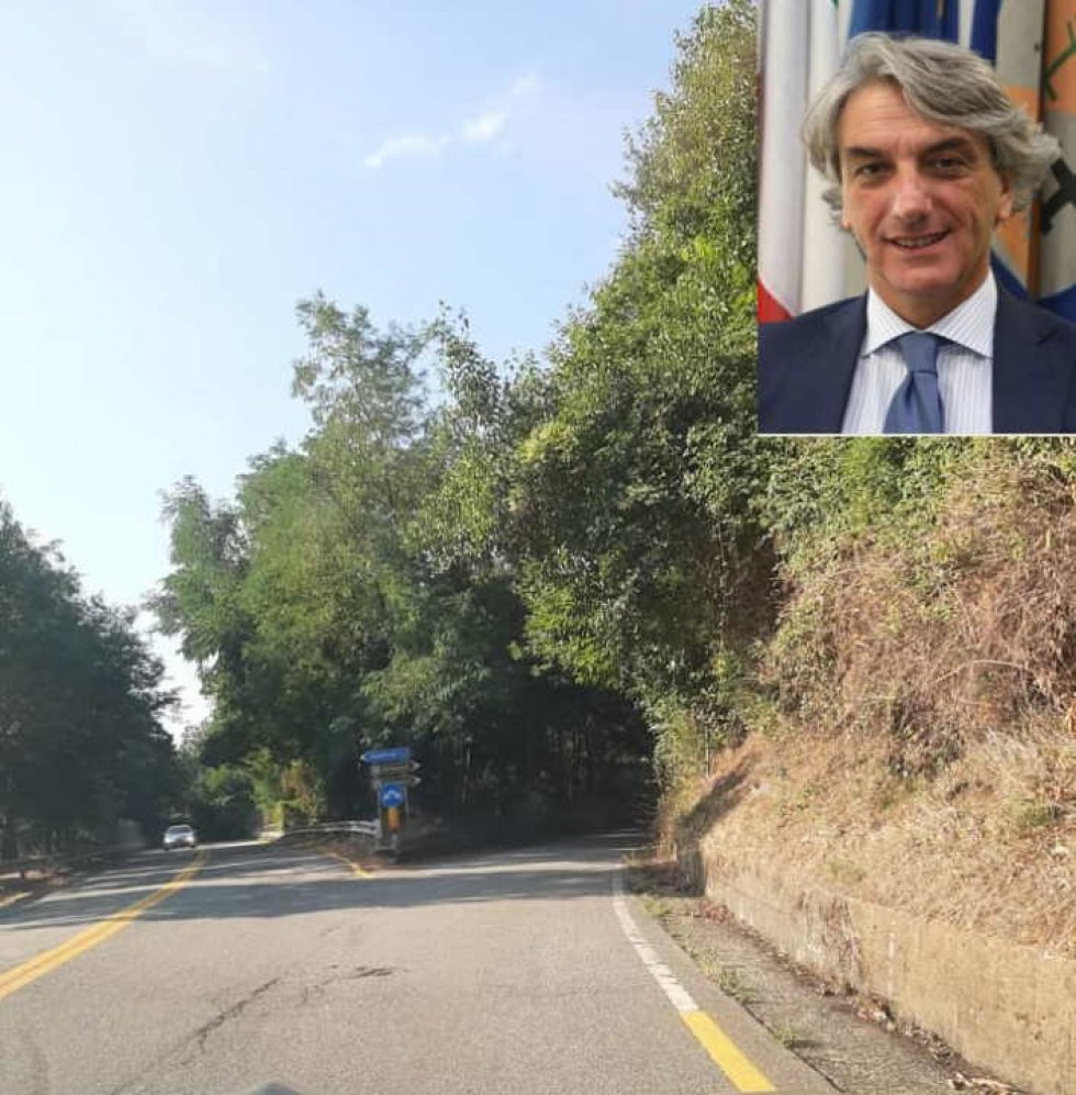 La statale 283 al bivio di Fagnano e nel riquadro il consigliere regionale Aieta