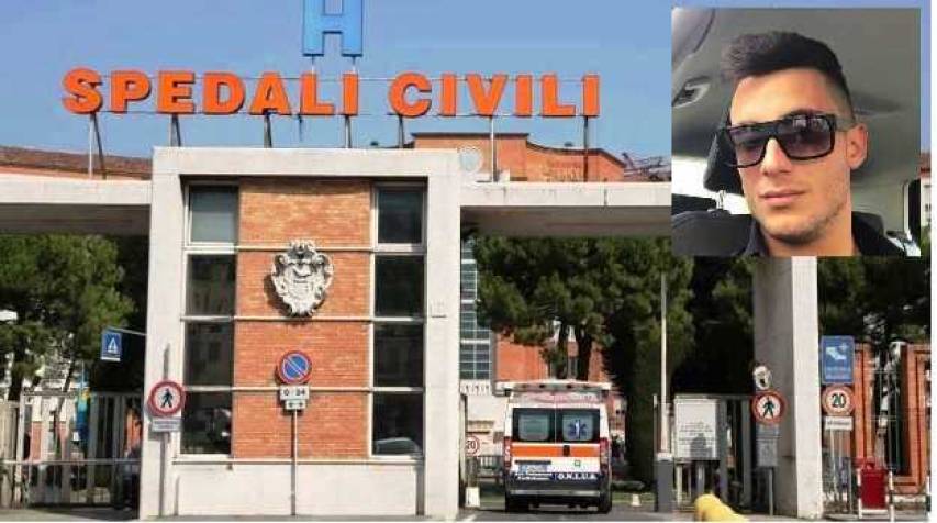 Gli Spedali civili di Brescia e, nel riquadro, lo sfortunato giovane 