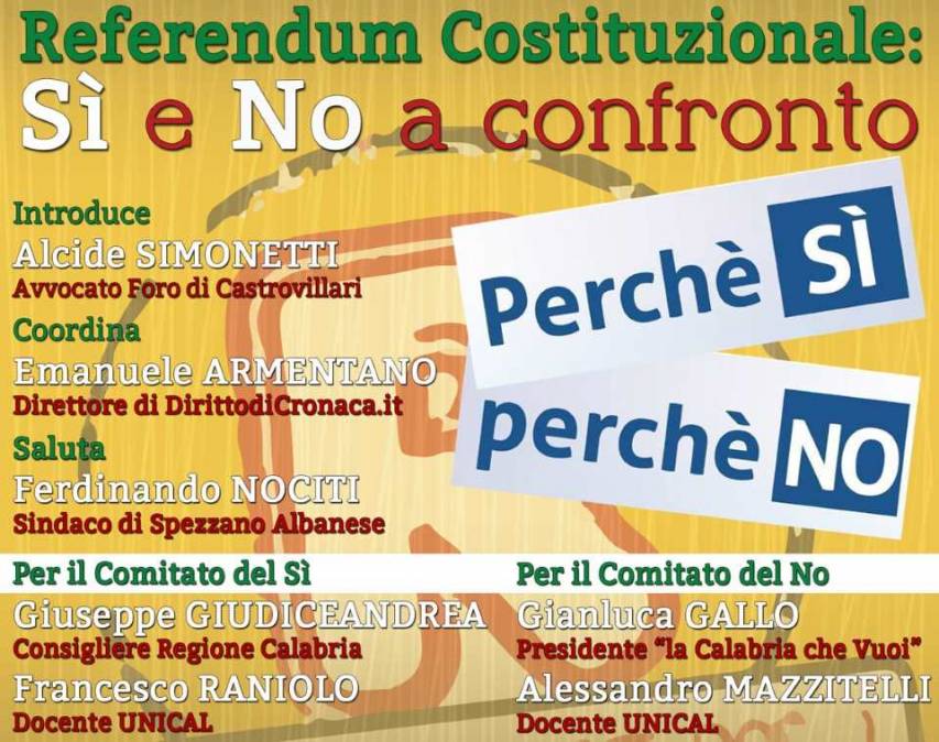 Referendum Costituzionale, a Spezzano un confronto fra il Sì e il No